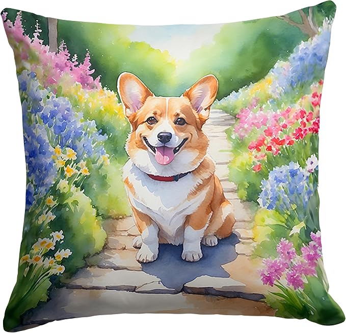 Caroline's Treasures Corgi Spring Path Throw Pillow Machine Washable, Indoor Outdoor Decorative Pillow for Couch, Bed or Patio, 18Hx18W