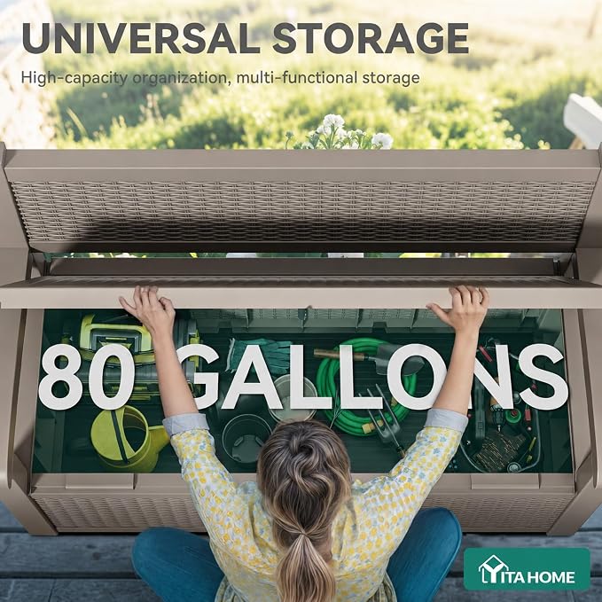 YITAHOME 80 Gallon Storage Bench Deck Box, Lockable Patio Bench, Waterproof Outdoor Pool Deck Storage for Patio Cushions, Garden Tools and Pool Supplies, Light Brown