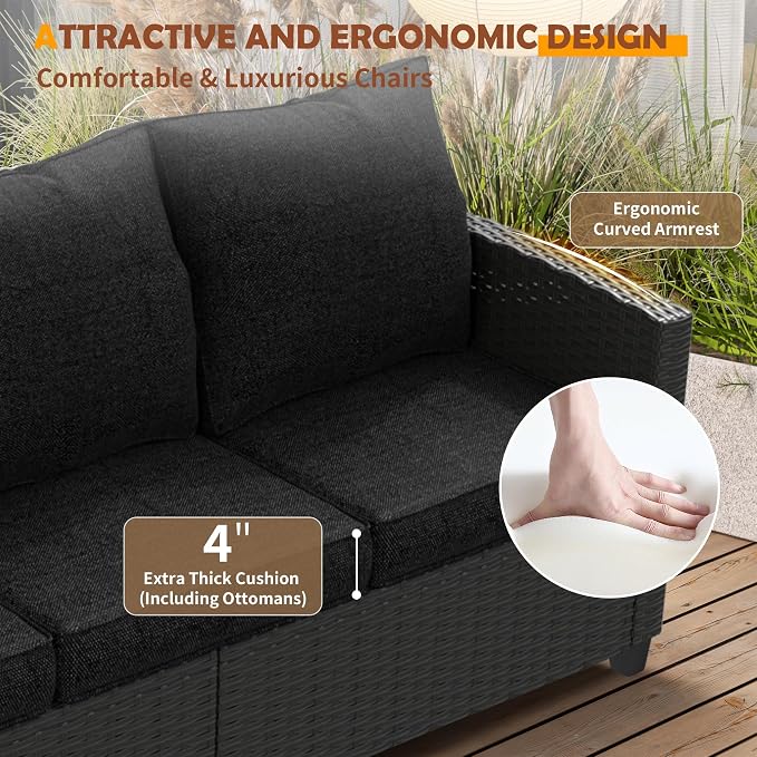 UDPATIO Patio Furniture Set with 44" Fire Pit Table, 8 Pieces Outdoor Sectional Conversation Sets, All-Weather Wicker Rattan Sofa Ottoman with 4" Thick Cushion for Garden Backyard Deck, Black