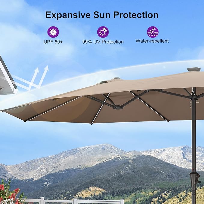 PURPLE LEAF 15ft Double-Sided Patio Umbrella with Base and Solar Lights Outdoor Market Umbrella with Crank Handle Rectangle Umbrella for Backyard Pool Garden Deck, Taupe