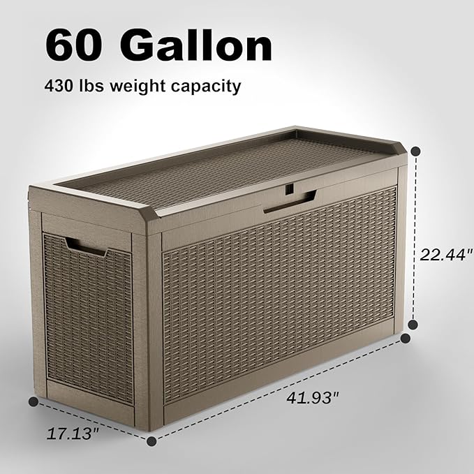 60 Gallon Waterproof Resin Deck Box, UV Resistant Outdoor Storage for Garden, Patio, Porch, Delivery（Gray，60 Gallon）