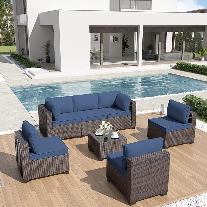 ALAULM Patio Furniture Set with Coffee Table, 7 Pieces Outdoor Sectional with Wide Seat and Thick Cushion, All Weather Wicker Rattan Conversation Set for Backyard, Garden, Deck, NavyBlue