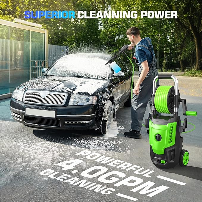 Electric Pressure Washer 4800PSI, 4.0GPM Portable Power Washer with Foam Cannon,4 Nozzles,33FT Hose and Soap Bottle,Car Wash Machine/Car/Driveway/Patio Clean,Green