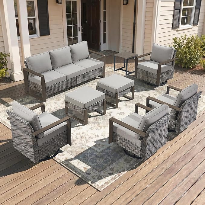 7-Piece Outdoor Patio Furniture Set with 4 Swivel Chairs, All-Weather Wicker Sofa Set for Garden, Yard, Porch and Poolside Seating, Grey/Grey