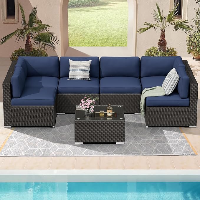 Incbruce Outdoor Patio Furniture Set 7-Piece All-Weather Sectional Sofa Outside Couch, Manual Weaving Wicker Rattan Conversation Set with Glass Top Table and Removable Cushions(Dark Blue)