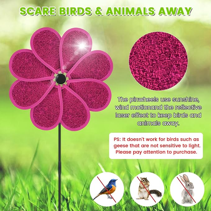 4 PCS 11.4" W x 28" H Reflective Pinwheels Sparkly Lawn Wind Spinners Colorful Rainbow Windmill for Garden Decoration Bird Devices Deterrent to Scare Birds Away（Rose Red）