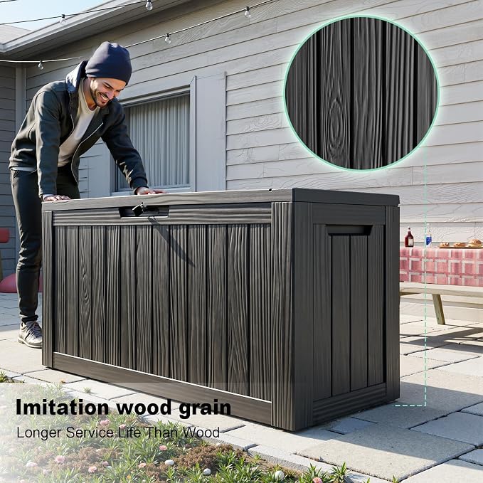EasyUp 85Gal Outdoor Deck Box Waterproof, Lager Patio Storage Box Indoor and Outdoor Use, Lockable Resin Storage Bin for Patio Furniture Cushions Garden Tools, Package Delivery,UV Resistant-Black