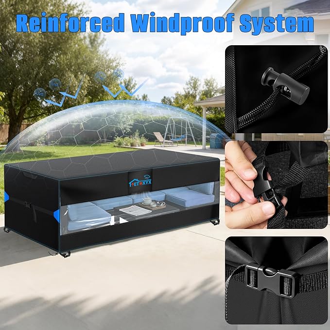 Rectangular Patio Table and Chair Cover, 420D Oxford Waterproof Outside Furniture Covers, Patio Furniture Covers Waterproof with Windproof Buckle Straps(128"L x 82"W x 28.3"H)