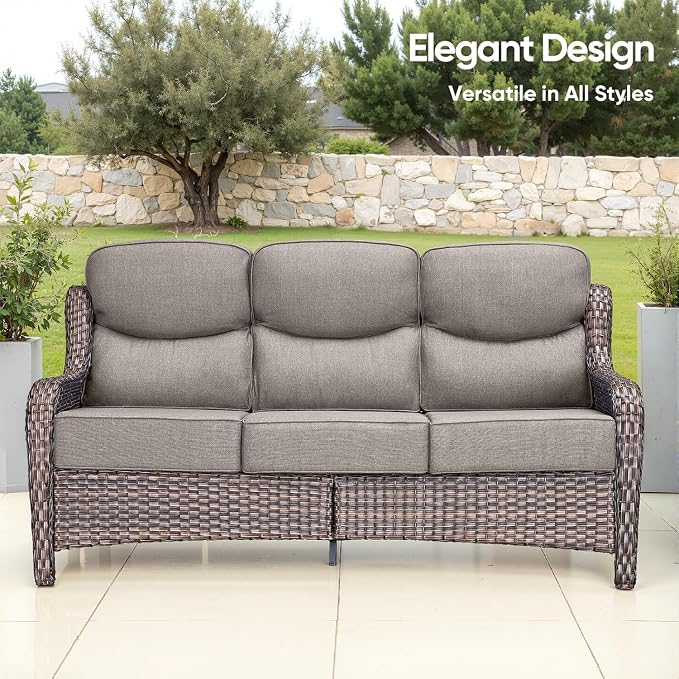 Luxury Patio Furniture Set 10pcs with 6-inch Thick Cushion, Outdoor Furniture with Fire Pit Table, Swivel Chairs, Sofa, Side Table, Ottomans, Patio Set for Deck Yard Brown Wicker | Grey Cushions