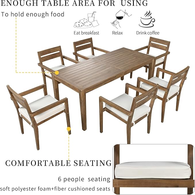 7-Piece Patio Dining Set,Acacia Wood Outdoor Dining Table and 6 Cushioned Chairs, Modern Conversation Furniture for Courtyard,Garden, Balcony,Deck,Poolside (Burly Wood/Acacia2, 7-Piece)