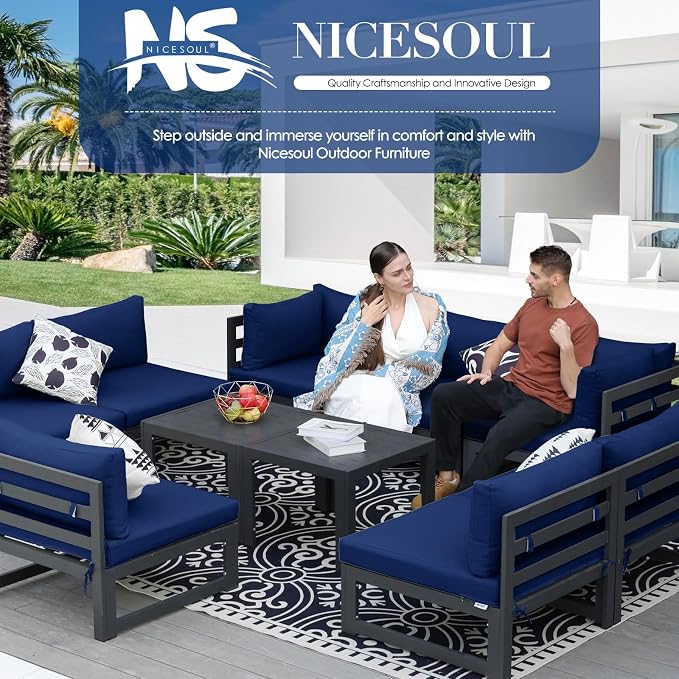 NICESOUL Extra Large Modern Aluminum Outdoor Sofa, 29" Deep Wide Seating, 500 lbs Heavy Duty Sectional Set for Heavy People, Fade & Water Resistant Patio Furniture Set for Backyard Poolside, Navy Blue