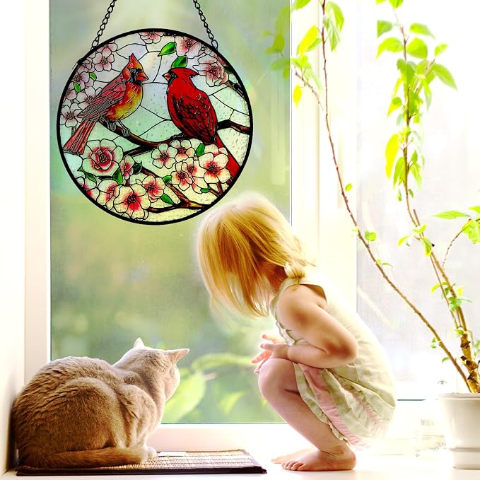 Remiawy Cardinal Stained Glass Window Hanging, 10 Inch Sun Catcher Glass Panel with Metal Chain and Hooks Suncatcher Indoor Window Wall Art Home Decor Gift for Bird Lovers Women Mother's Day Christmas