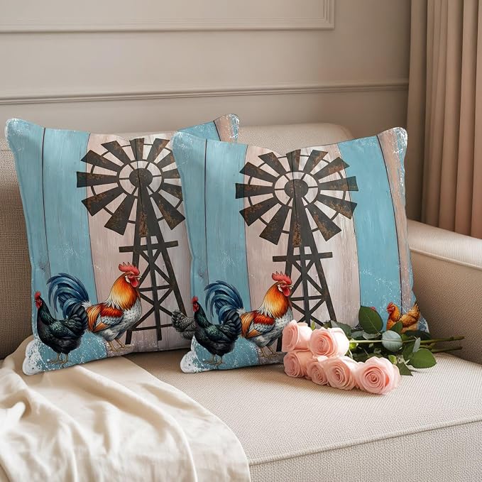 Rooster Hen Outdoor Pillow Covers 16"x16" Set of 2, Rustic Windmill Farmhouse Animal Wood Striped Country Waterproof Throw Pillow Covers for Patio Furniture, Decorative Cushion Covers for Porch