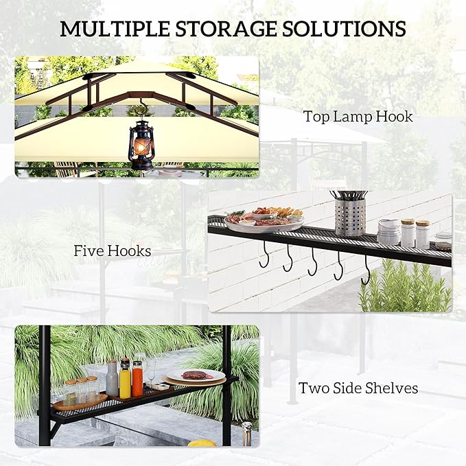 Outsunny 8' x 7.6' Grill Gazebo, Double Tiered Outdoor BBQ Gazebo with Side Awning, 2 Side Shelves and 6 Hooks for Patio, Deck, Yard, Beige