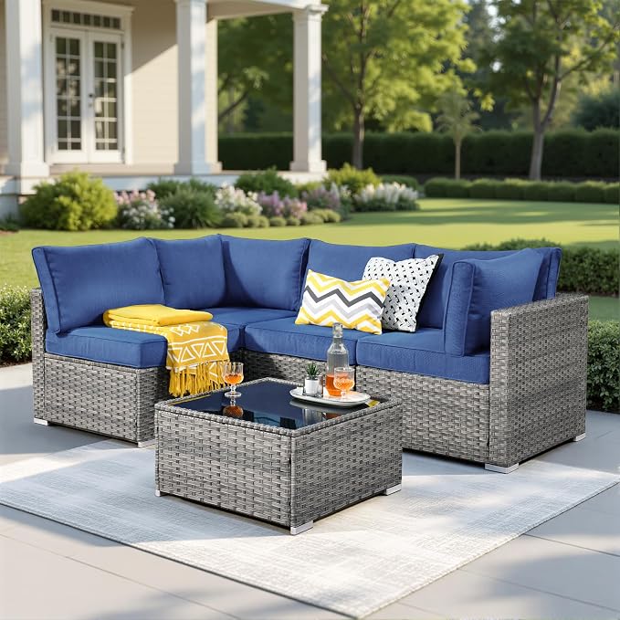Weaxty 5 Pieces Patio Furniture Sets,Wicker Outdoor Sectional Sofa with Thicken Cushion and Rattan Coffee Table,Patio Conversation Couch Set for Porch, Balcony,Yard, Poolside,Navy Blue