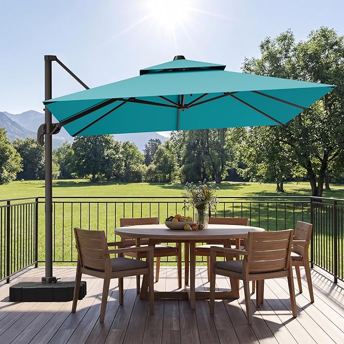 GENTEACO 10X10 FT Cantilever Umbrella with Base Included, Large Offset Patio Umbrella with Double Top, 6 Angle Tilts & 360° Rotation, Large Square Sun Umbrellas for Outdoor Pool Market, Turquoise Blue
