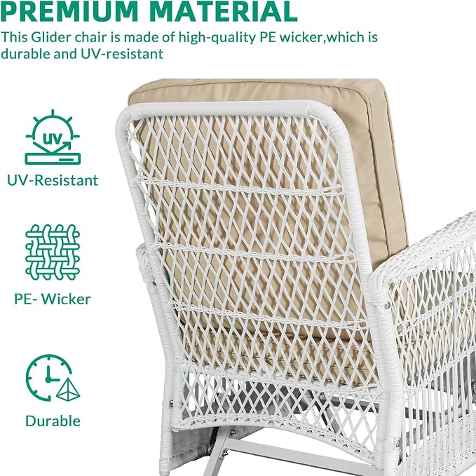 VIVIJASON 2-Piece Outdoor White Wicker Glider Rocking Chair, Patio Rattan Swing Glider Chairs with Cushions & Steel Frame, All-Weather Gliding Lawn Wicker Furniture for Garden Backyard Porch, Beige