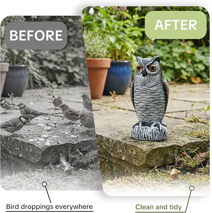 OFFO 2 Pack Fake Owl, Owl Statue for Garden and Yard Decoration, Weatherproof Plastic Outdoor Owl Decor for Porch Pool Patio Yard, 8-Inch Height, Round + Long Ear Owl