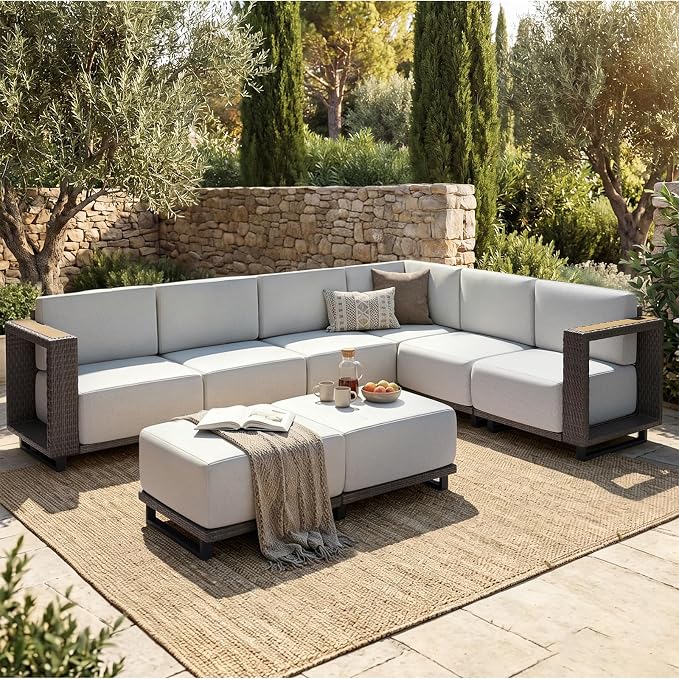 LazySunsets Patio Furniture Set, 8 Pieces Wicker Outdoor Sectional Sofa with 10'' Ultra-Thick Cushions & Ottomans, All-Weather Rattan Conversation Set for Backyard Poolside, Brown/Light Gray