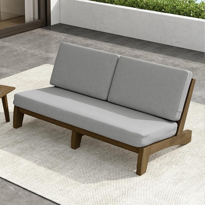 Outdoor Furniture Patio Couch, Weather Resistant 3-Seater Patio Sofa with Removable Cushion, Teak Wood Frame for Porch & Backyard Seating - Grey