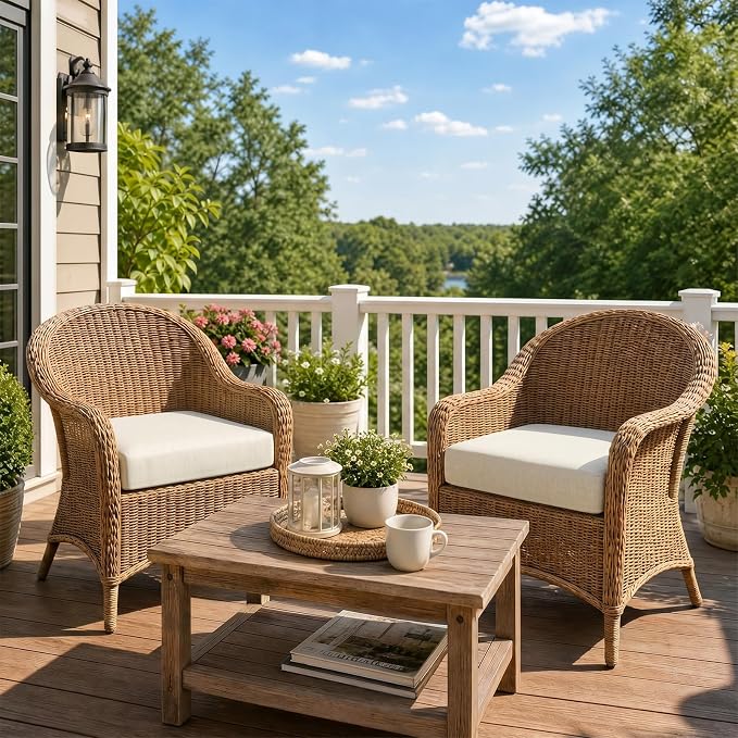 Aoodor Patio Chair Cushions Set of 2, 23 x 26 x 4 Inch Water Resistant Outdoor Seat Cushions with Handle and Ties, Square Corner Cushions for Patio Furniture Garden Lawn, Kahaki