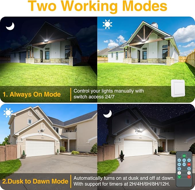 Onforu 80W Dusk to Dawn Outdoor Lighting,Plug in LED Flood Lights,Black Outdoor Lights with Remote,8000LM Security Light,IP66 Waterproof Lighting,2Modes 3 Adjustable Heads Light for Garage Yard