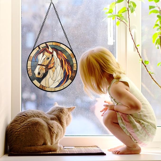 DASTOLL Stained Glass Window Hanging, Animal Horse Colored Mane Sun Catchers Glass Panel Cool Suncatcher Decor for Birthday for Women, Men, Wife, Aunt, and Mom 7.8 in