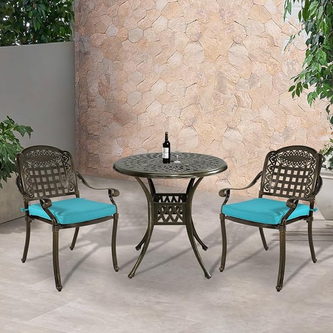 VIVIJASON 3-Piece Patio Bistro Set, All-Weather Cast Aluminum Outdoor Furniture Dining Sets Include 2 Cushioned Chairs and 31" Round Table w/Umbrella Hole for Balcony, Backyard, Ocean Blue Cushion
