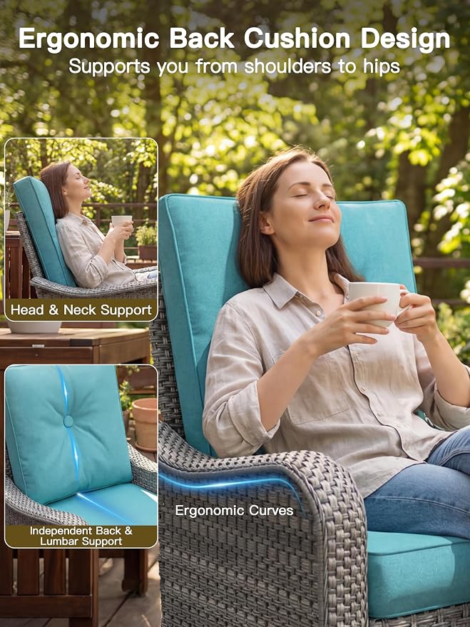 10-Piece Outdoor Conversation Set with 43" Fire Pit Table, 6 Swivel Rocking Chairs (4" Cushions) & 3 Side Tables, All-Weather PE Rattan & Steel Frame for Porch, Deck, Backyard, Turquoise