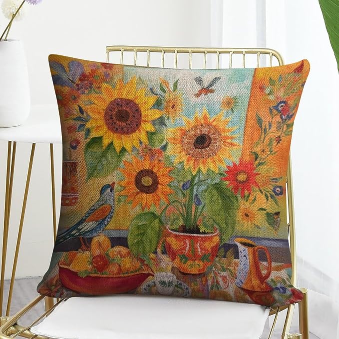 Decorative Pillows for Bed Colorful Painting of Sunflowers Pillowcases 18"x18" Butterfly Sunflower Linen Pillow Cover Decor for Sofa CouchThrow Pillow Covers Decorative Outdoor Linen Pillow Covers