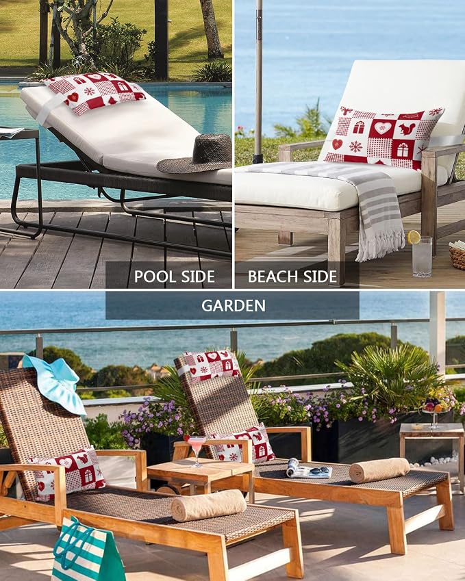 Outdoor Pillows Covers with Inserts Christmas Elk Snowflakes Red Buffalo Plaid Waterproof Recliner Pillow with Adjustable Strap Throw Pillows for Patio Furniture Pool Lounge Chair, 11x16 inch, 1PCS