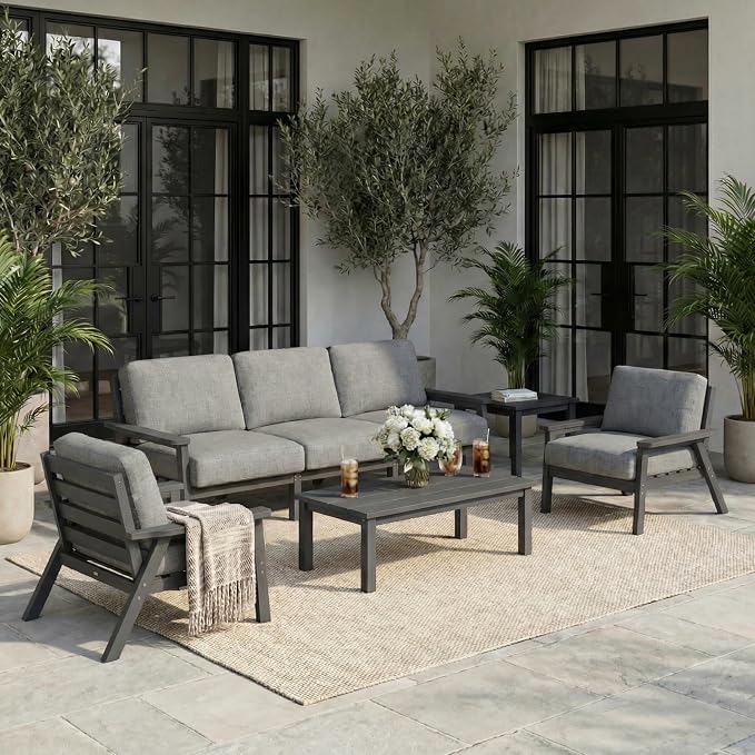 7 Piece HDPE Outdoor Furniture Set with Gray Cushions (Gray Frame) | All-Weather HDPE, Modular Design, Extra-Deep Seating, Thick Cushions, Ideal for Backyard, Deck & Porch
