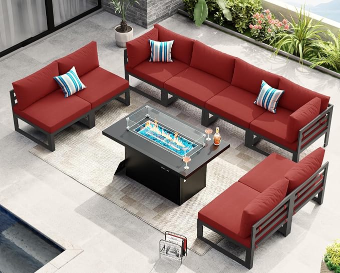 NICESOUL 9 Pcs Modern Aluminum Outdoor Patio Furniture Set with Fire Pit Table Propane/Gas, 29" Wide Deep Seat, Fade Resistant Large Sectional Sofa, 500 lbs Heavy Duty Backyard Conversation Set, Red