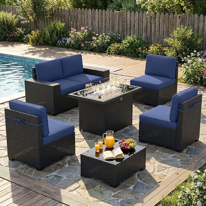 LayinSun 7 Pieces Outdoor Patio Furniture Set with 44" Fire Pit Table Rattan Sectional Sofa Conversation Sets