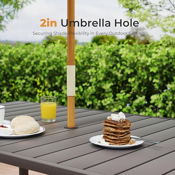 HAPPATIO Outdoor Patio Dining Set, 6 Quick Dry Textilene Dining Chairs and Dining Table with Umbrella Hole, Stackable Textilene Chairs for Garden, Patio and Poolside Backyard,Light Grey