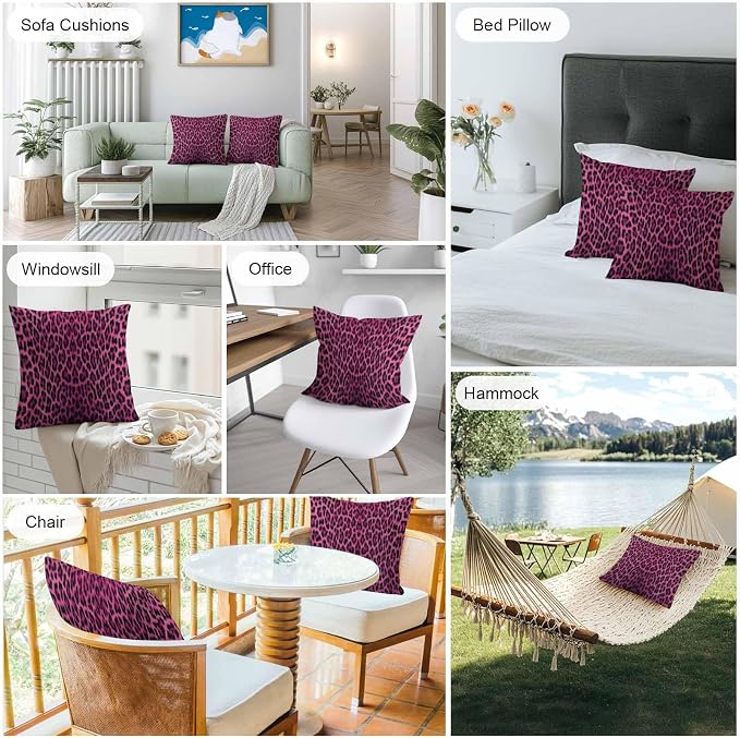 Vandarllin Outdoor Throw Pillows Covers 16x16 inch Set of 2 Waterproof Pink Leopard Print Decorative Zippered Cushion Covers for Patio Furniture, Retro Animal Fur Pattern Lumbar Pillowcases