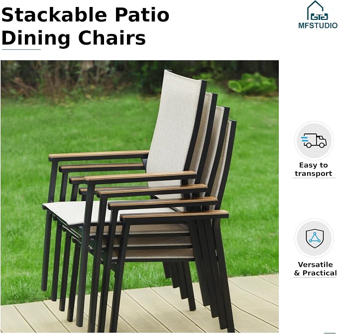 MFSTUDIO 5 PCS Patio Dining Set with 4 Stacking Aluminum Armchair(Beige) and 1 Square Heavy Duty Table