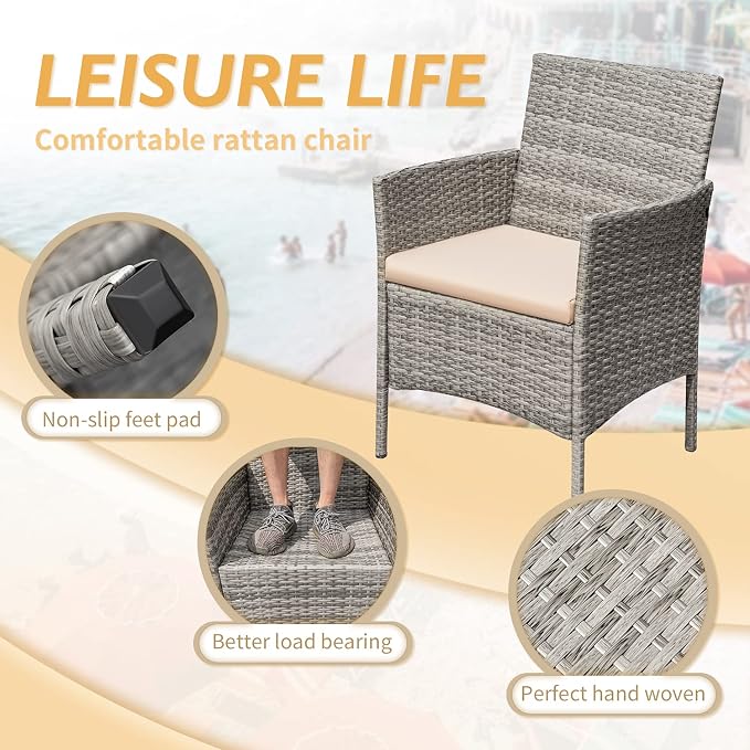 Greesum 3 Pieces Patio Furniture Sets Outdoor PE Rattan Wicker Chairs with Soft Cushion and Glass Coffee Table for Garden Backyard Porch Poolside, Gray and Beige