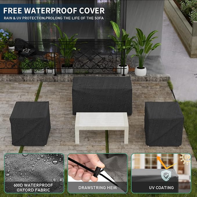 Amopatio Aluminum Patio Furniture, 5 Pcs Metal Modern Outdoor Patio Furniture Set, Outdoor Sectional Sofa for Balcony, Garden, White (Included Waterproof Covers)