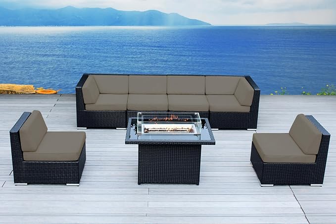 7 Piece Outdoor Patio Furniture Black Wicker Sunbrella Taupe Conversation Set with Fully Assembled Sectional and 42-inch Propane Gas Fire Table