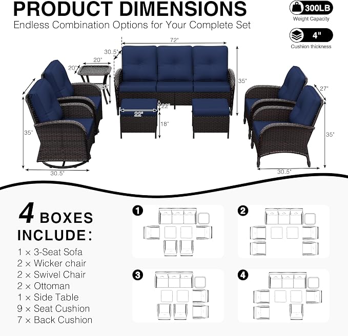 Joyside Wicker Patio Furniture Set, 8 Piece Outdoor Furniture Set with Thickened Cushions, High Back, Deep Seating, Wide Armrest, Outdoor Swivel Rocker Chairs for Porch, Deck
