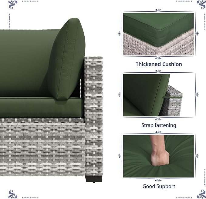 KIGOTY Patio Furniture Set,7 Pieces Modular Outdoor Sectional Sofa, PE Rattan Patio Conversation Set, All Weather Wicker Patio Furniture with Cushions and Coffee Table（Grey White/Green）