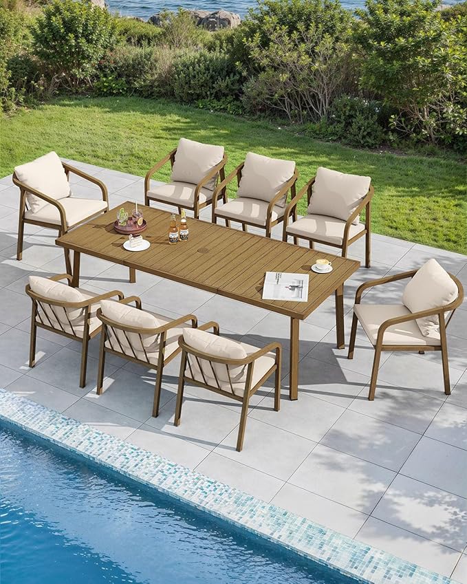 9 Pieces Never-Rust Aluminium Outdoor Dining Set, Patio Table and Chairs for 8, Patio Dining Set with Rectangle Table, Outdoor Dining Chairs with Removable Cushions for Deck, Backyard, Teak