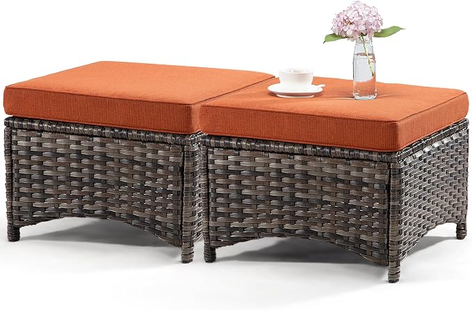 4 Pieces Outdoor Patio Furniture Set Wicker Chairs Set of 2 with Two Ottomans for Backyard, Porch, Balcony(Mixed Grey/Orange)