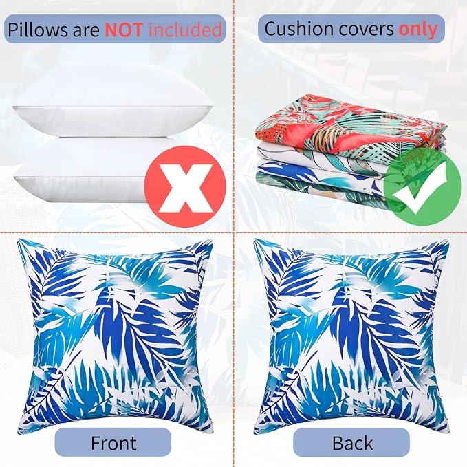 Outdoor Pillow Covers Waterproof Summer Decorative Throw Pillow Covers Blue Tropical Leaf Couch Covers 18x18 Set of 2 Square Outdoor Cushion Home Decor for Patio Furniture Garden Tent Balcony Bench