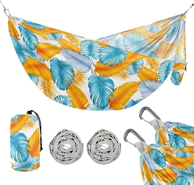 Camping Hammock Outdoor Hammocks for Outside Blue Palm Tree Blue Beach Trees Portable Lightweight with Pockets Tree Straps Indoor