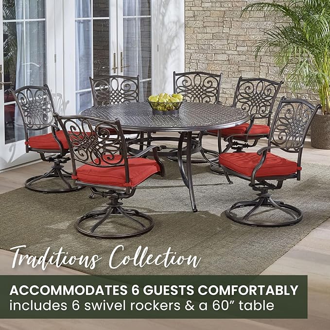 Hanover Traditions 7-Piece Patio Dining Set with 60" Round Cast-Top Table and Swivel Rockers with Autumn Berry Cushions, Patio Dining Set for 6, Premium Weather Resistant Outdoor Dining Set