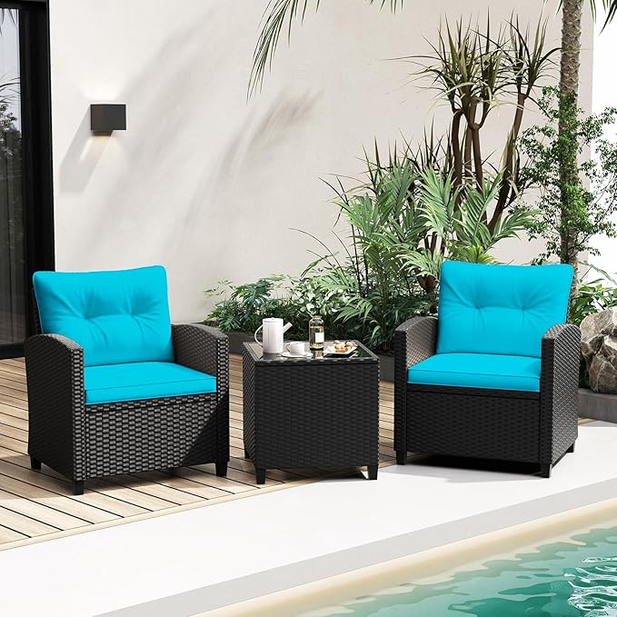 Tangkula 3 Piece Patio Furniture, Rattan Conversation Set w/Soft Seat & Back Cushions, Tempered Glass Topped Coffee Table, Cushioned Wicker Seating Set for Backyard, Porch, Poolside