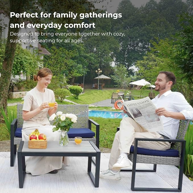 4 Pieces Patio Furniture Set Outdoor Furniture Set with Table, Wicker Patio Conversation Sets with Soft Cushion with 1 Spacious Souble Chair and 2 Single Chairs for Home, Garden, Lawn (Light Gray)