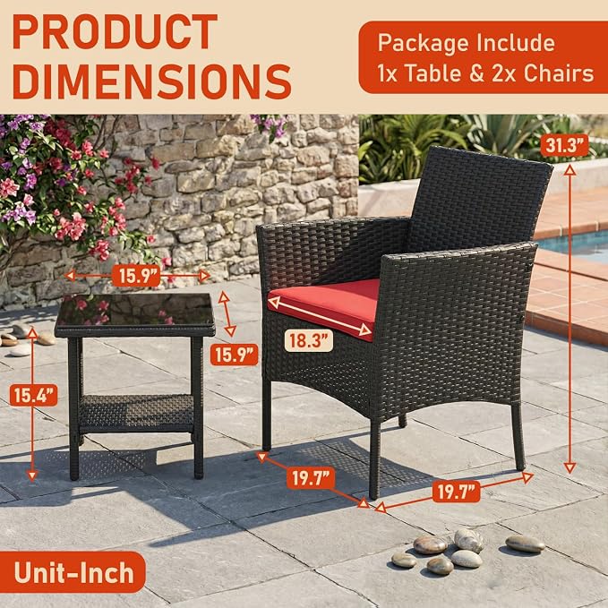 NChanmar 3 Pieces Patio Furniture Outdoor Bistro Set Outdoor&Indoor Conversation Set Coffee Table Chairs Set for 2 with Water-Resistant Cushions for Lawn Yard Garden Porch Balcony and Pool,Red